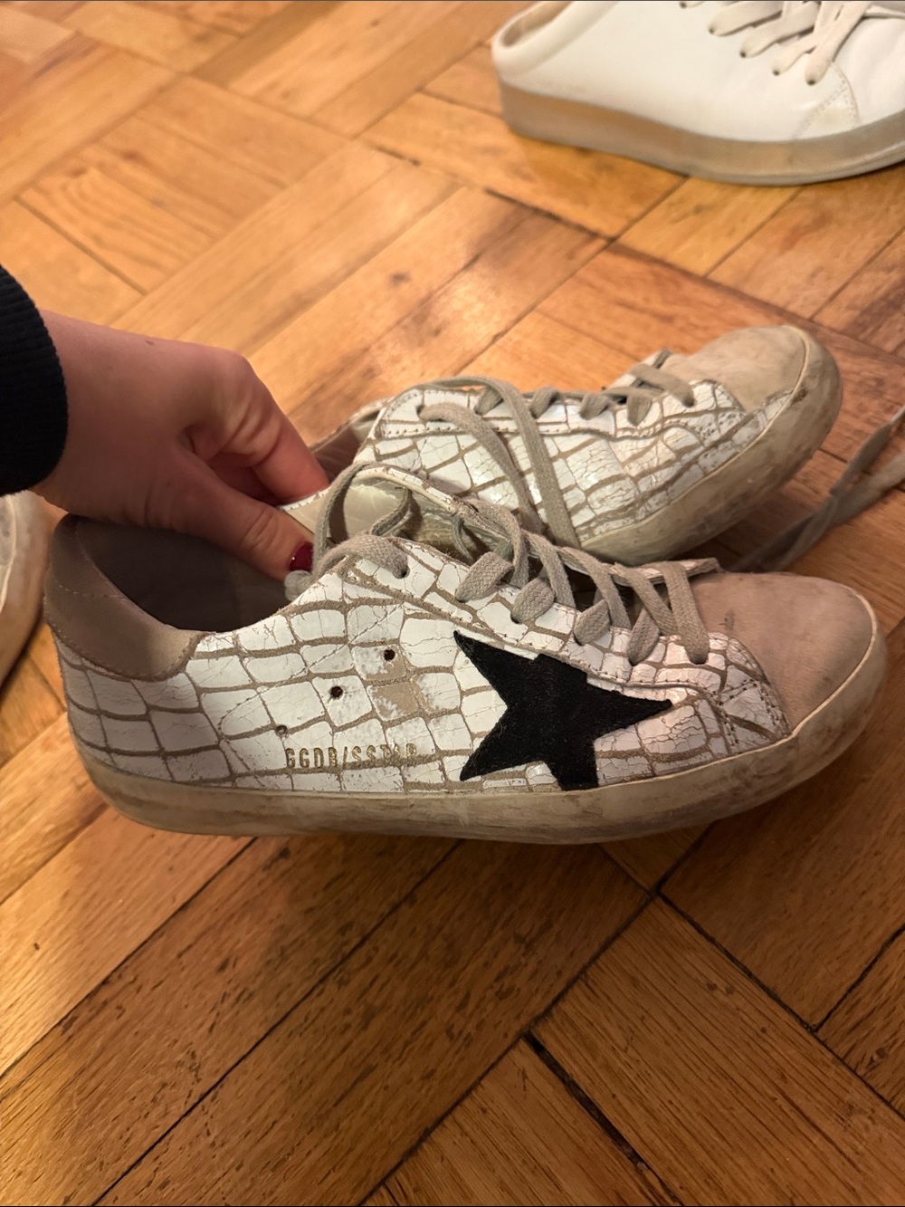 Golden Goose White Croc-Embossed Sneakers with Black Star